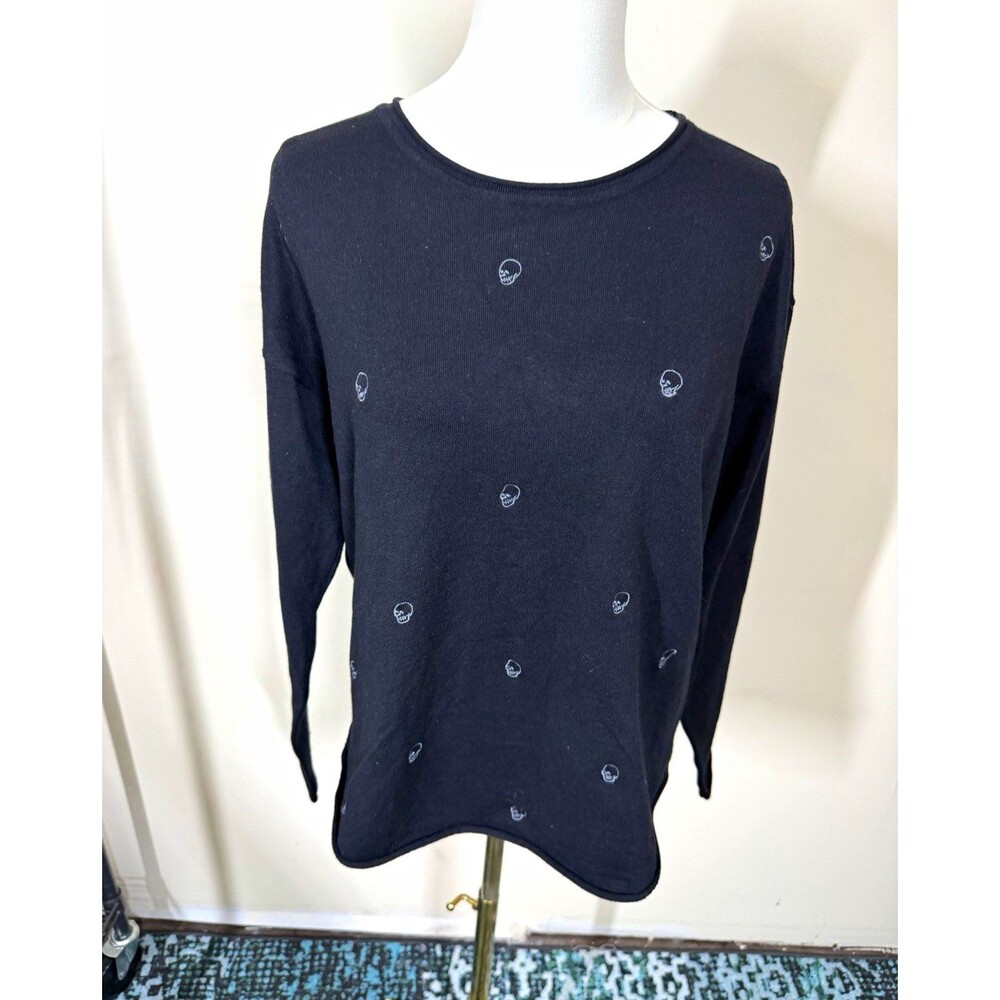 Rachel Zoe Womens Pullover Sweater Size L Black Crew Neck Skull Print NEW 392